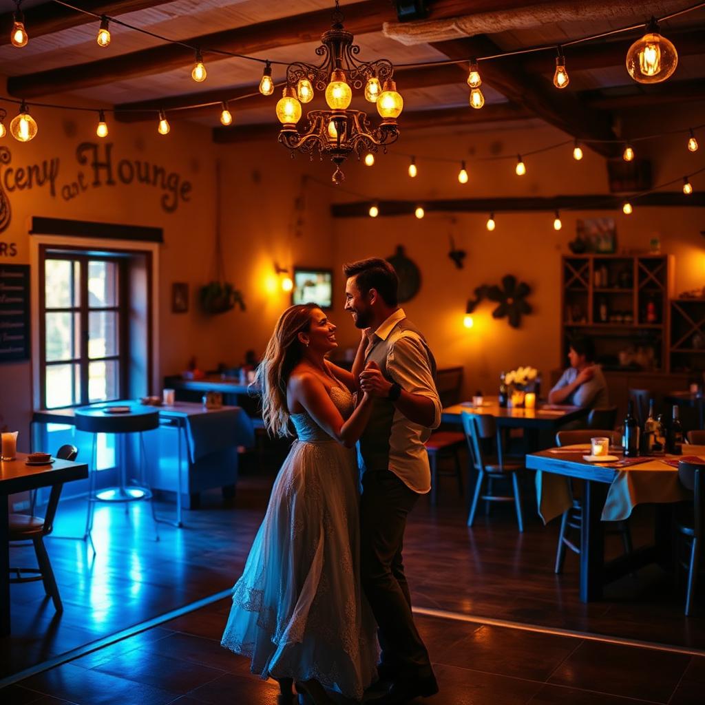 Couples dancing under warm string lights