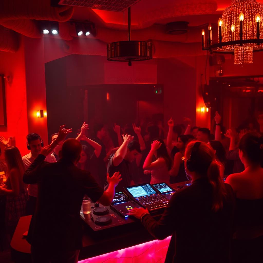 DJ set with dancing crowd