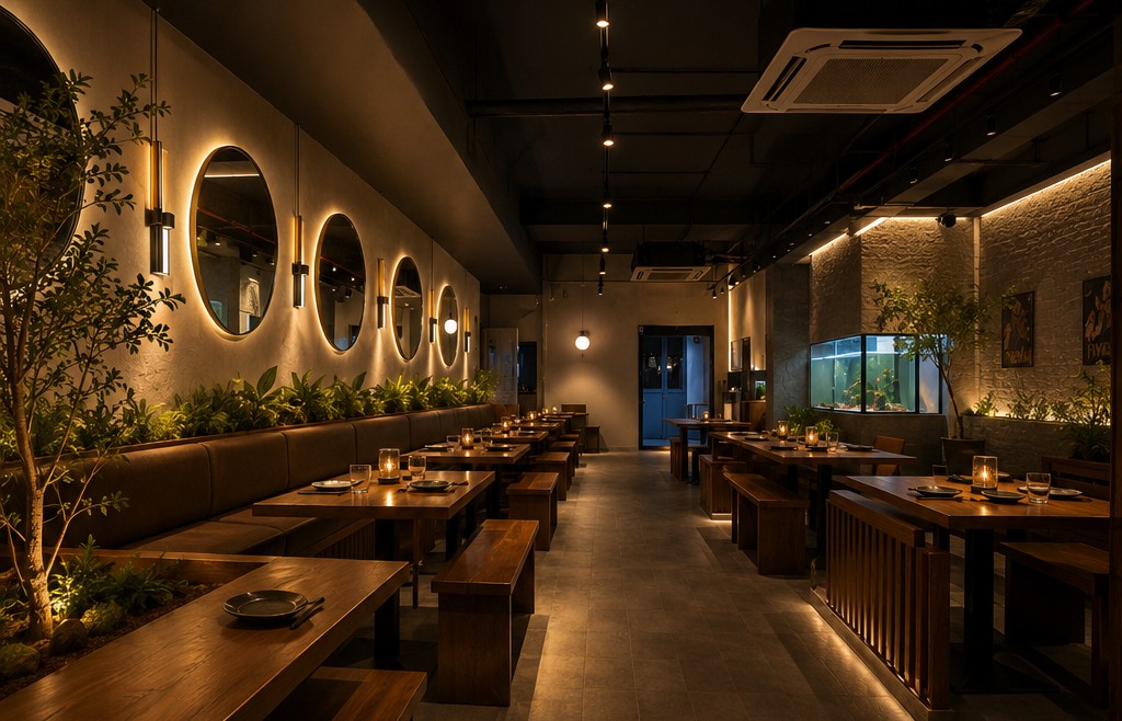 Elegant restaurant interior with candlelight and bookshelves