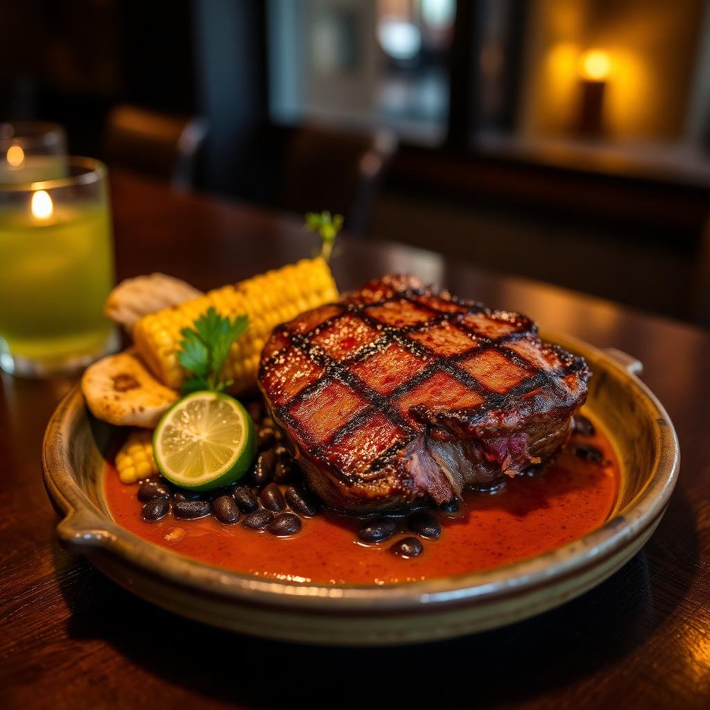 Mesquite-grilled ribeye with charred corn and black beans