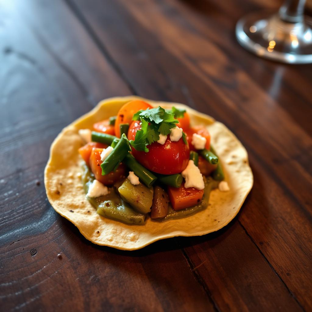 Blue corn tostada with hatch chile and heirloom tomato